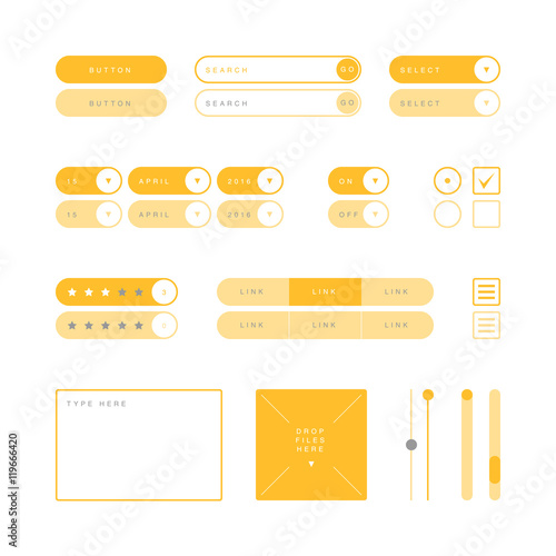 UI design elements vector. Button, search field, selector, checkbox, toggle, radio button, menu links, rating stars, text type field, drop files field, scroller etc.