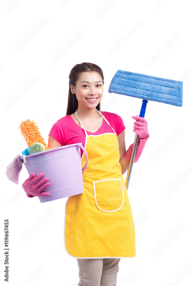 Woman doing housekeeping stuff at home isolated on white backgro Woman doing housekeeping stuff at home isolated on white backgro
