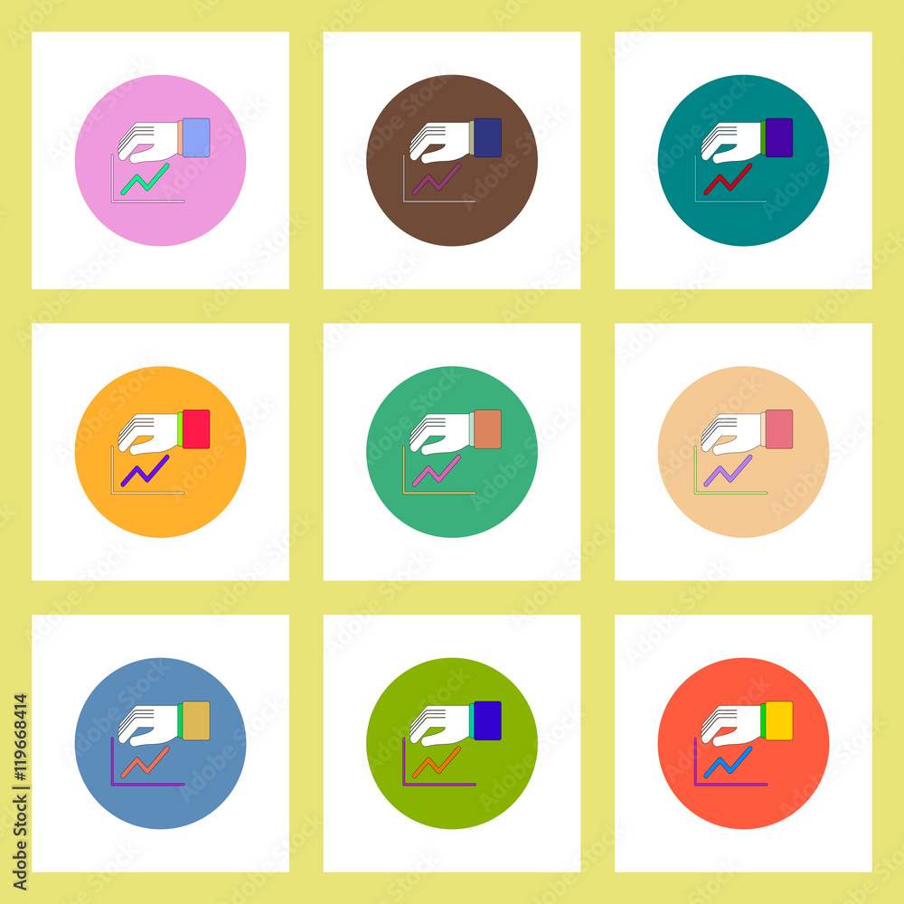 flat icons set of progress statistics and hand concept on colorful circles flat icons set of progress statistics and hand concept on colorful circles