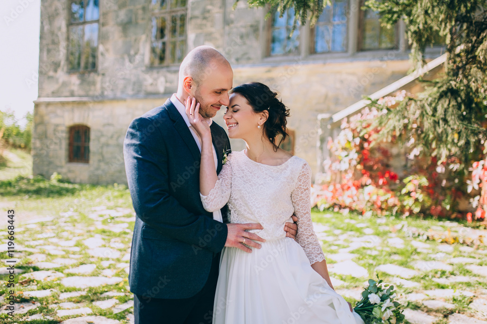 Stylish happy wedding couple on the background beautiful old castle