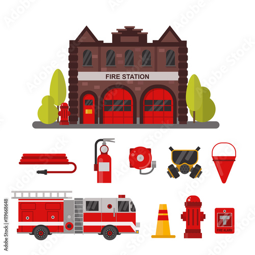 Fire station and firefighter protection equipment vector flat set.