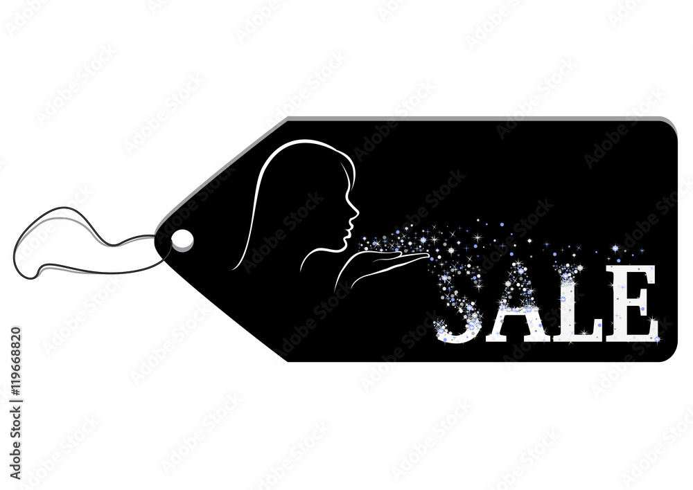 Black label depicting a girl blows away blue and white tinsel from her palm and they add up to a word Sale Black label depicting a girl blows away blue and white tinsel from her palm and they add up to a word Sale