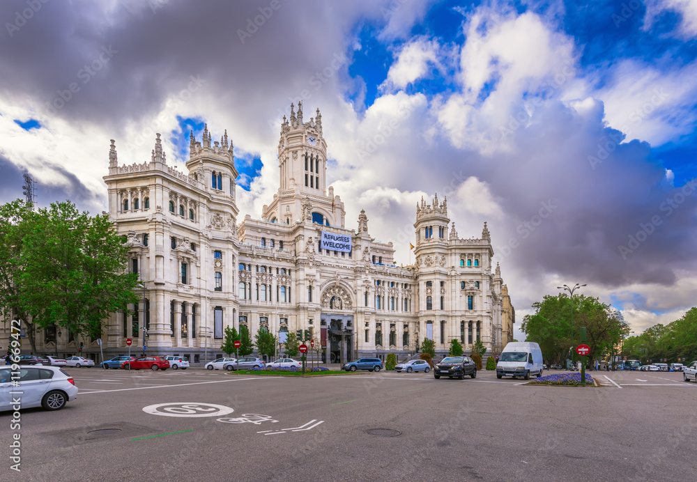 Cybele's Square (Plaza de la Cibeles) and Central Post Office (Palacio de Comunicaciones) in Madrid, Spain
