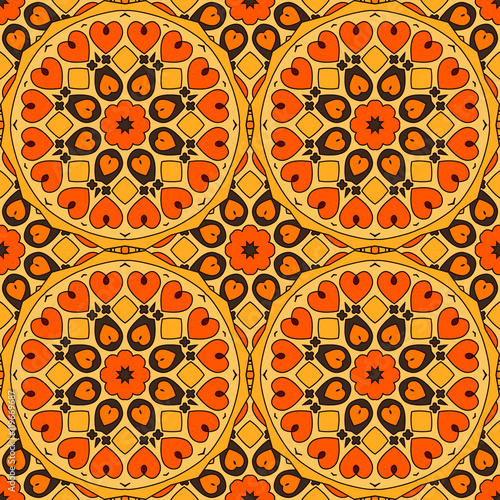 Seamless pattern with mandalas in beautiful pumpkin colors for your design. Vector background