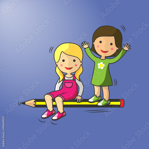 Concepto de vuelta al colegio. Un niño y una niña sobre un lápiz