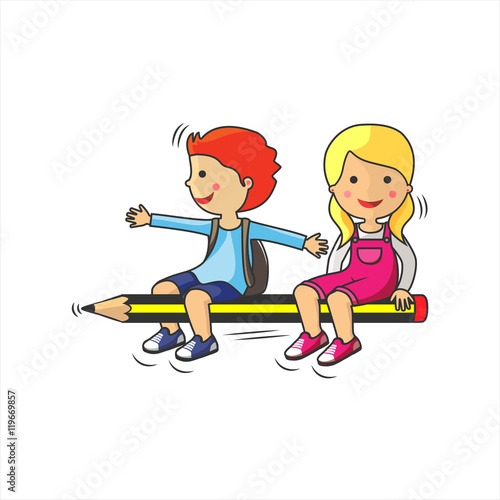Concepto de vuelta al colegio. Un niño y una niña sobre un lápiz