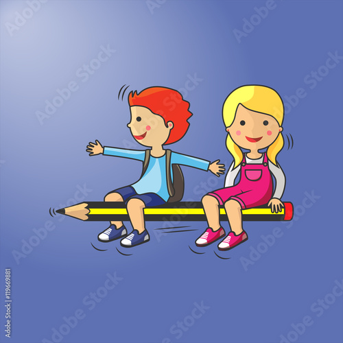 Concepto de vuelta al colegio. Un niño y una niña sobre un lápiz