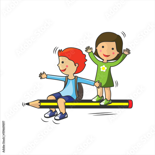 Concepto de vuelta al colegio. Un niño y una niña sobre un lápiz
