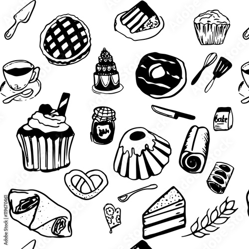 Bakery hand drawn icons pattern, vector illustration 