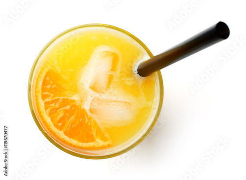glass of fresh orange juice isolated on white, from above