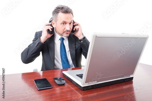 Businessman with earphones want to listen music