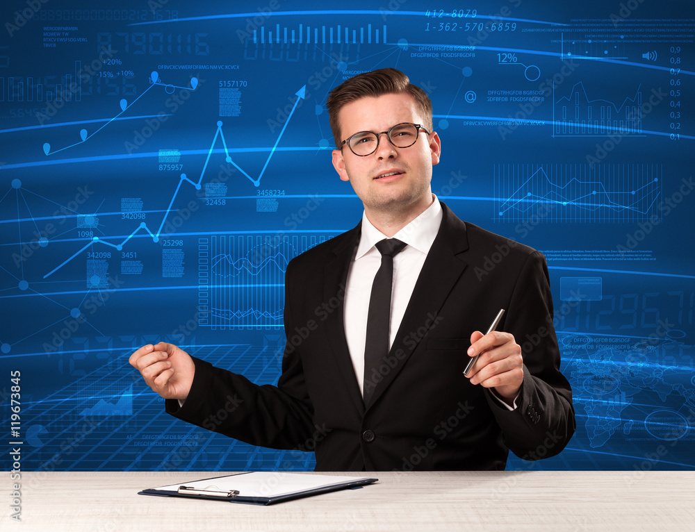 Stock data analyst in studio giving adivce on blue chart backgro Stock data analyst in studio giving adivce on blue chart backgro