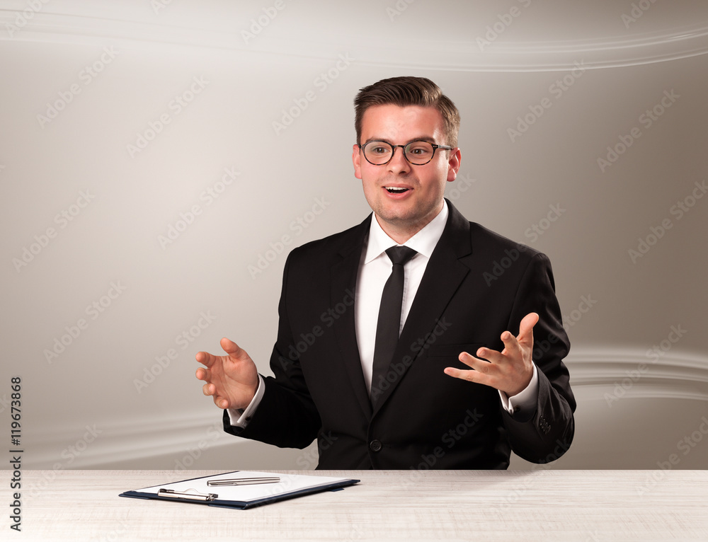 Televison host in live show with blank background Televison host in live show with blank background