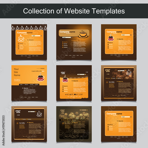 Collection of Website Templates for Your Business - Nine Nice and Simple Design Templates with Different Patterns and Header Designs - Coffee Shop, Cafe