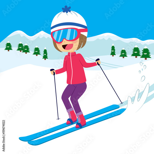 Happy little girl skiing on snow mountain