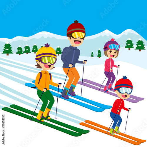 Happy family of four members skiing on snow mountain