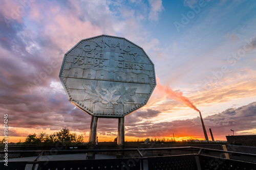 Big Nickel landmark in Sudbury, Ontario, Canada during sunset photo