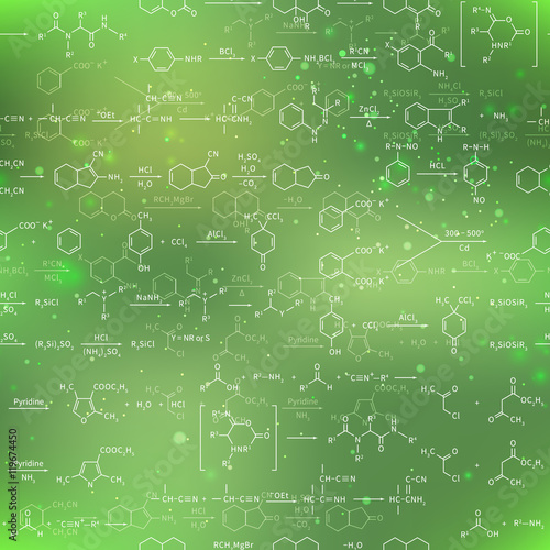 Recondite chemical equations and formulas on blurred green background, seamless pattern