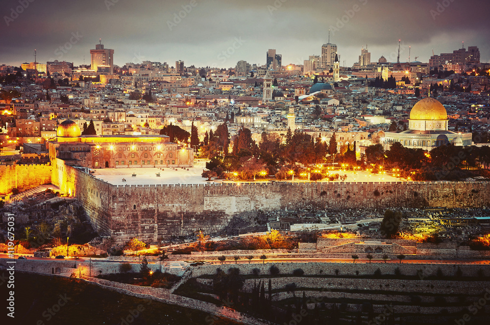 Evening view to Jerusalem old city. Israel. Vintage retro effect