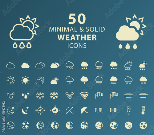 Set of 50 Minimal and Solid Weather Icons. Vector Isolated Elements.