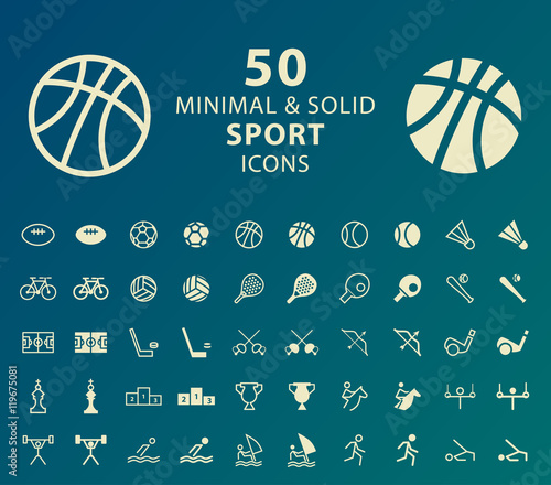 Set of 50 Minimal and Solid Sport Icons. Vector Isolated Elements.