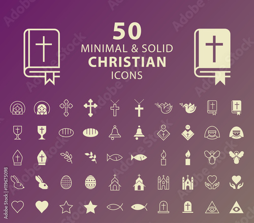 Set of 50 Minimal and Solid Christian Icons. Vector Isolated Elements.
