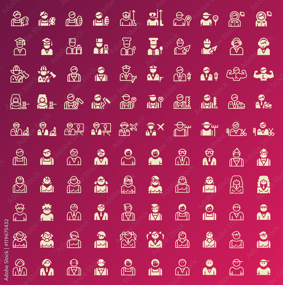 Set of 100 People and Professions Minimal and Solid Icons. Vector Isolated Elements. Set of 100 People and Professions Minimal and Solid Icons. Vector Isolated Elements.