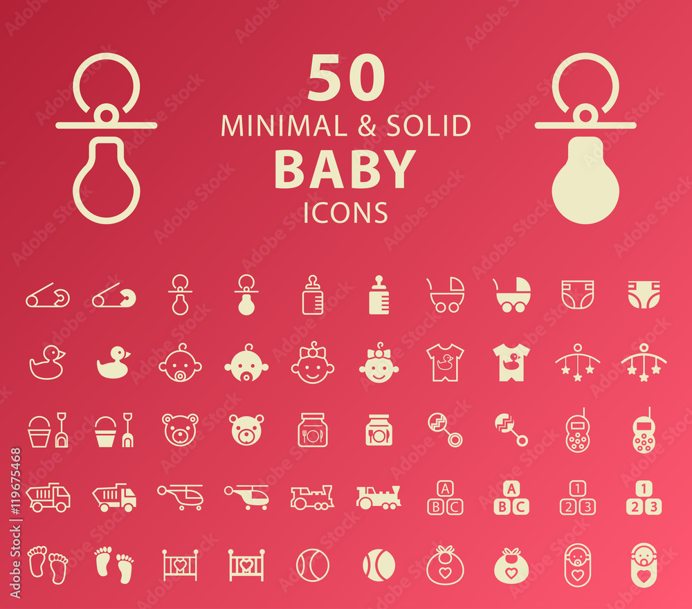 Set of 50 Minimal and Solid Baby Icons. Vector Isolated Elements. Set of 50 Minimal and Solid Baby Icons. Vector Isolated Elements.