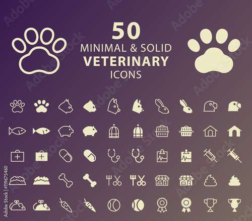 Set of 50 Minimal and Solid Veterinary Icons. Vector Isolated Elements.