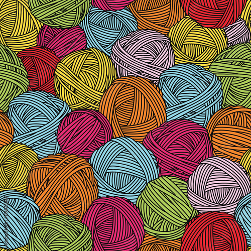 Wool balls, yarn skeins. Seamless pattern. Colorful background.