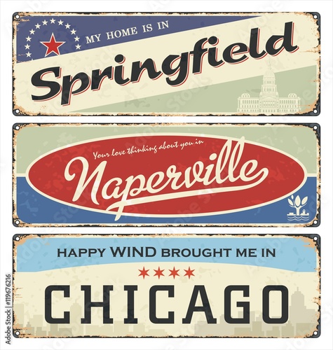 Vintage tin sign collection with USA cities. Springfield. Naperville. Chicago. Retro souvenirs or postcard templates on rust background.