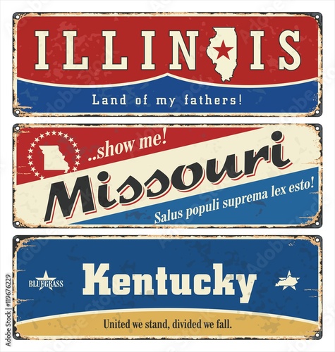 Vintage tin sign collection with USA state. Illinois. Missouri. Kentucky. Retro souvenirs or postcard templates on rust background.