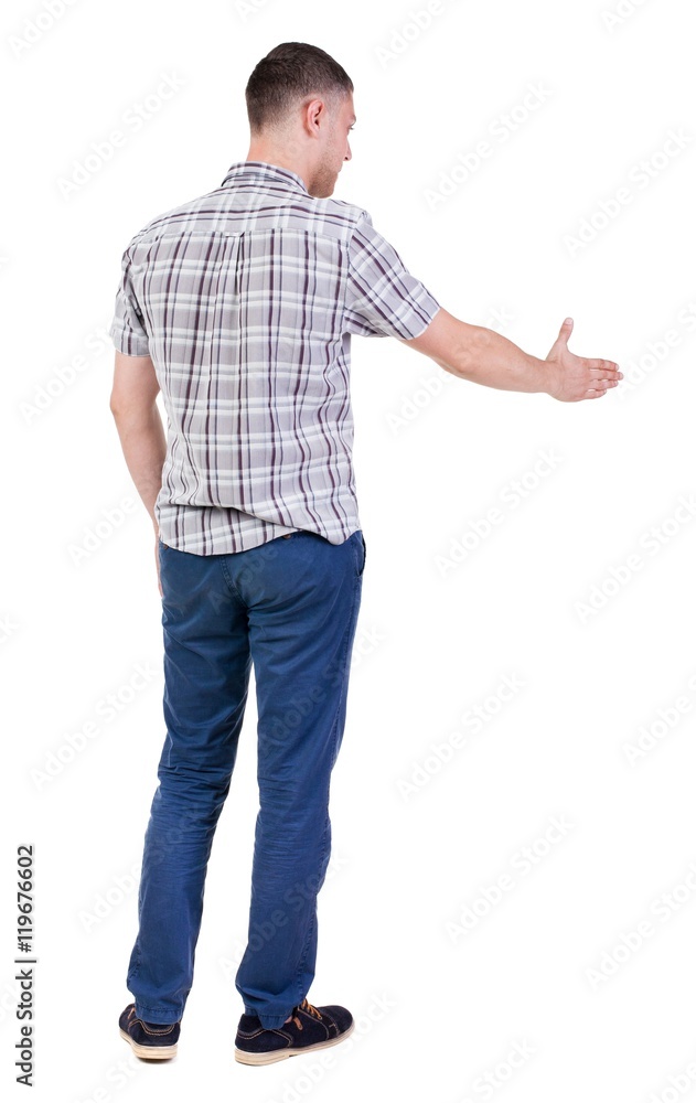 Back side view of man in shirt handshake. Isolated over white background. Back side view of man in shirt handshake. Isolated over white background.