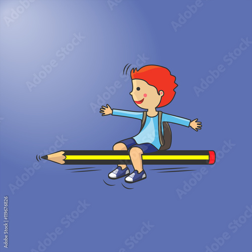 Concepto de vuelta al colegio. Niño con una mochila sobre un lápiz