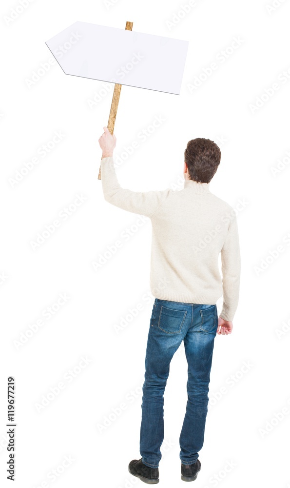 Back view man showing sign board. man holds information plate. Rear view people collection. backside view of person. Isolated over white background. The guy in white sweater waving null
Back view man showing sign board. man holds information plate. Rear view people collection. backside view of person. Isolated over white background. The guy in white sweater waving null