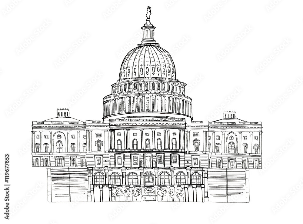 Hand drawn architecture sketch illustration of Capitol Washington DC USA landmark isolated