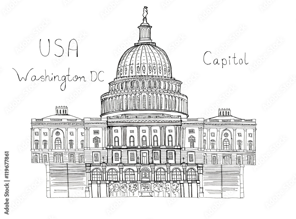 Hand drawn architecture sketch illustration of Capitol Washington DC USA landmark with lettering isolated