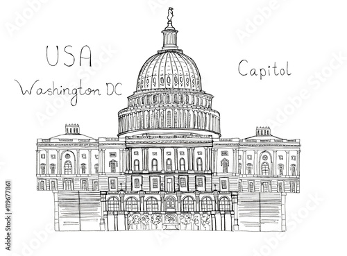 Hand drawn architecture sketch illustration of Capitol Washington DC USA landmark with lettering isolated