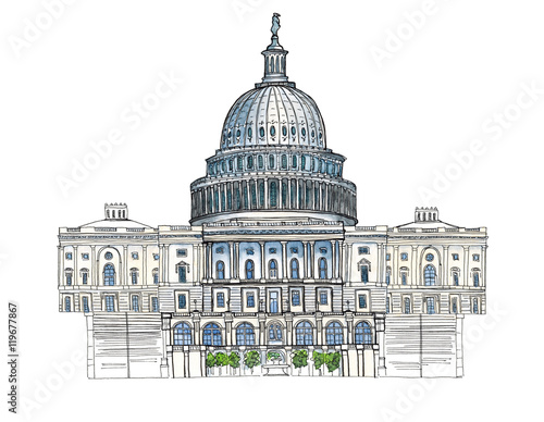 Watercolor Hand drawn architecture sketch illustration of Capitol Washington DC USA landmark isolated