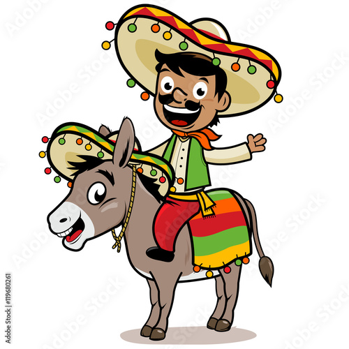 Cartoon Mexican mariachi man riding a donkey. Vector illustration