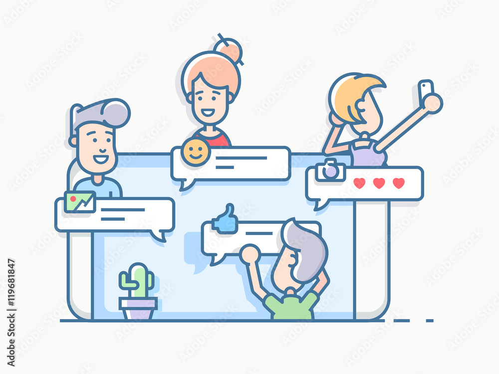 Group of people communicating via chat app on the screen of mobile phone. Line vector illustration. Group of people communicating via chat app on the screen of mobile phone. Line vector illustration.