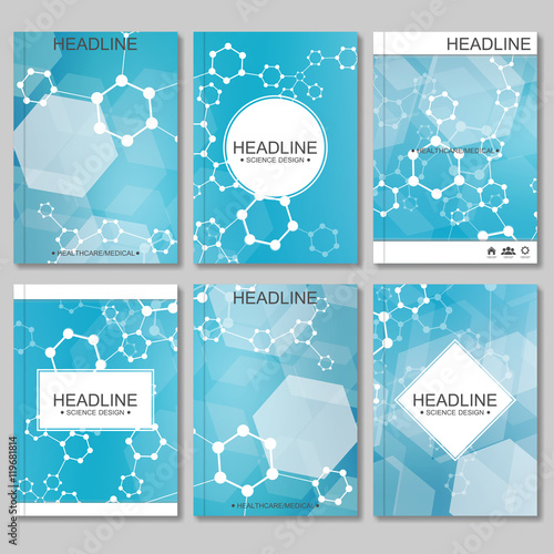 Science vector background. Modern vector templates for brochure, flyer, cover magazine or report in A4 size. Molecule structure and communication on the blue background.
