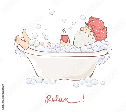 Santa in bathroom / Grandfather relaxing in a bath with a cup of hot drink