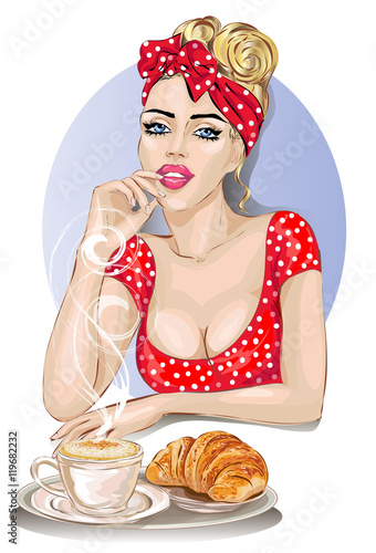 Pin-up housewife woman in red dress with breakfast, coffe and croissant. Housekeeping, sexy wife, vector