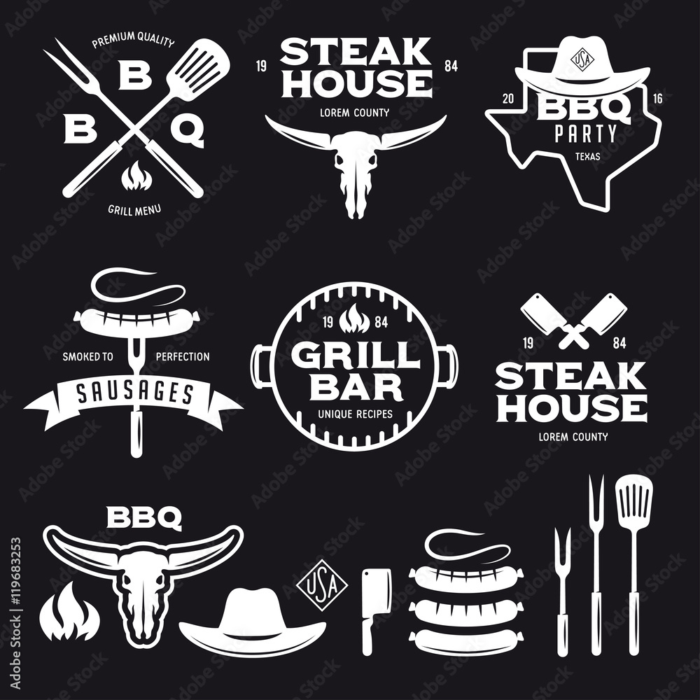 Fototapeta premium Set of barbecue steak house grill bar labels badges emblems and design elements. Vector vintage illustration.