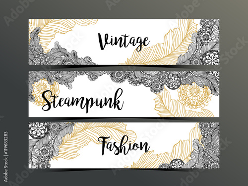 Hand drawn steampunk technology element with gear-wheel and feathers. Artistic design for flyer, banner, websites, headers or printing