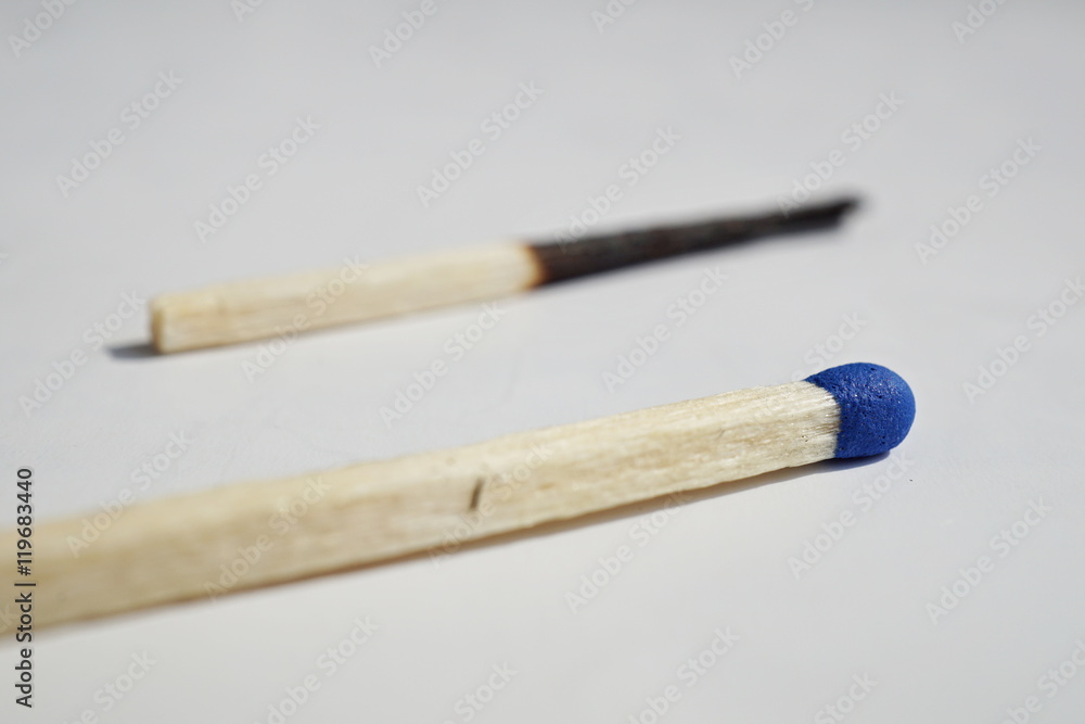 Isolated background with unburnt and burnt safety matches as a symbol of contrast, choice or progression Isolated background with unburnt and burnt safety matches as a symbol of contrast, choice or progression