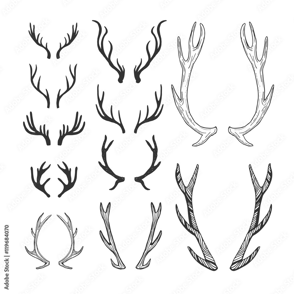 Set of hand drawn deer horns black on the white background, silhouette of antlers Set of hand drawn deer horns black on the white background, silhouette of antlers