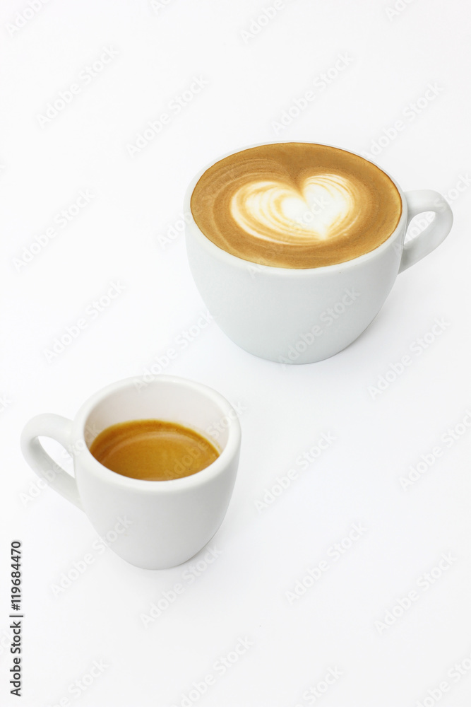 The espresso coffee and latte in white background
The espresso coffee and latte in white background