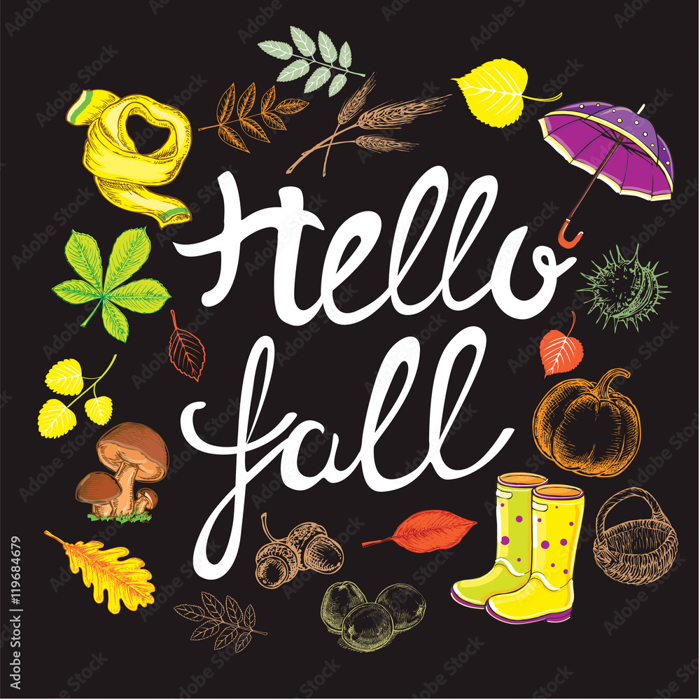 calligraphy lettering hello fall on the black background Stock Vector ...